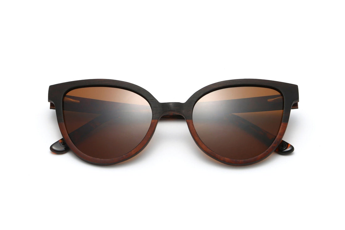 Ivy, Two-Tone Wood Cat-Eye Sunglasses with Polarized Lens - Folded