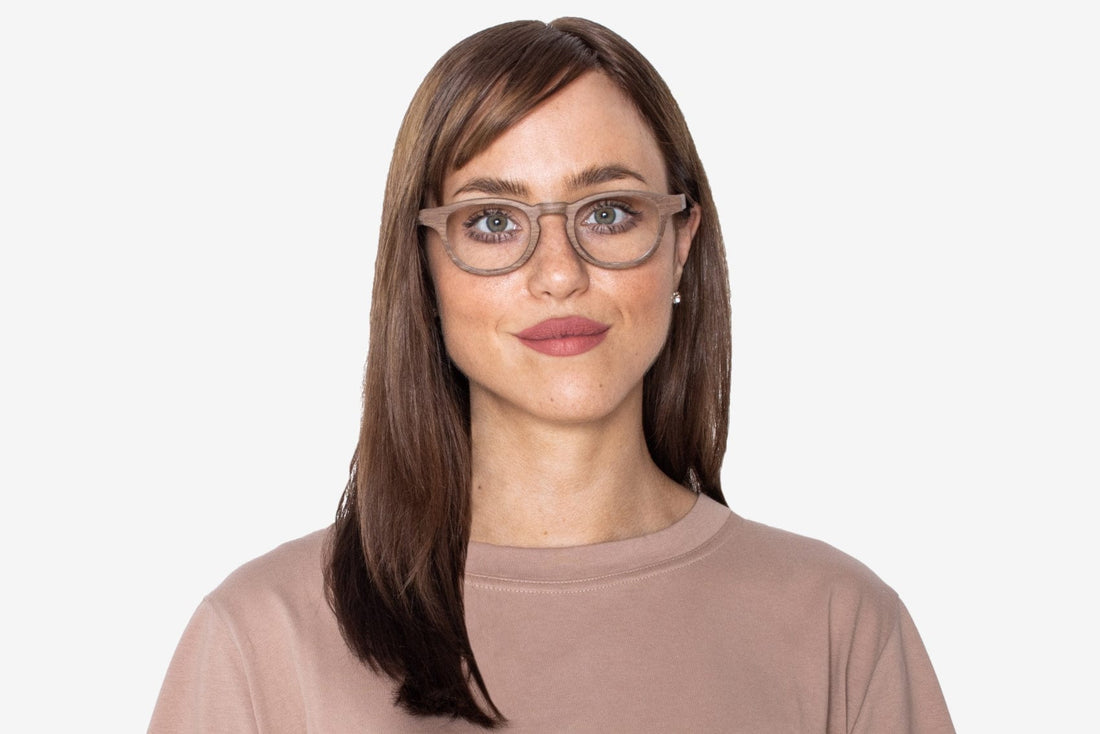 Woman wearing Harmony Brown, Rounded Square Wood Glasses