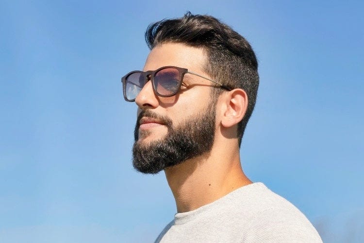 Man wearing Hazel, Gradient Brown Square Sunglasses