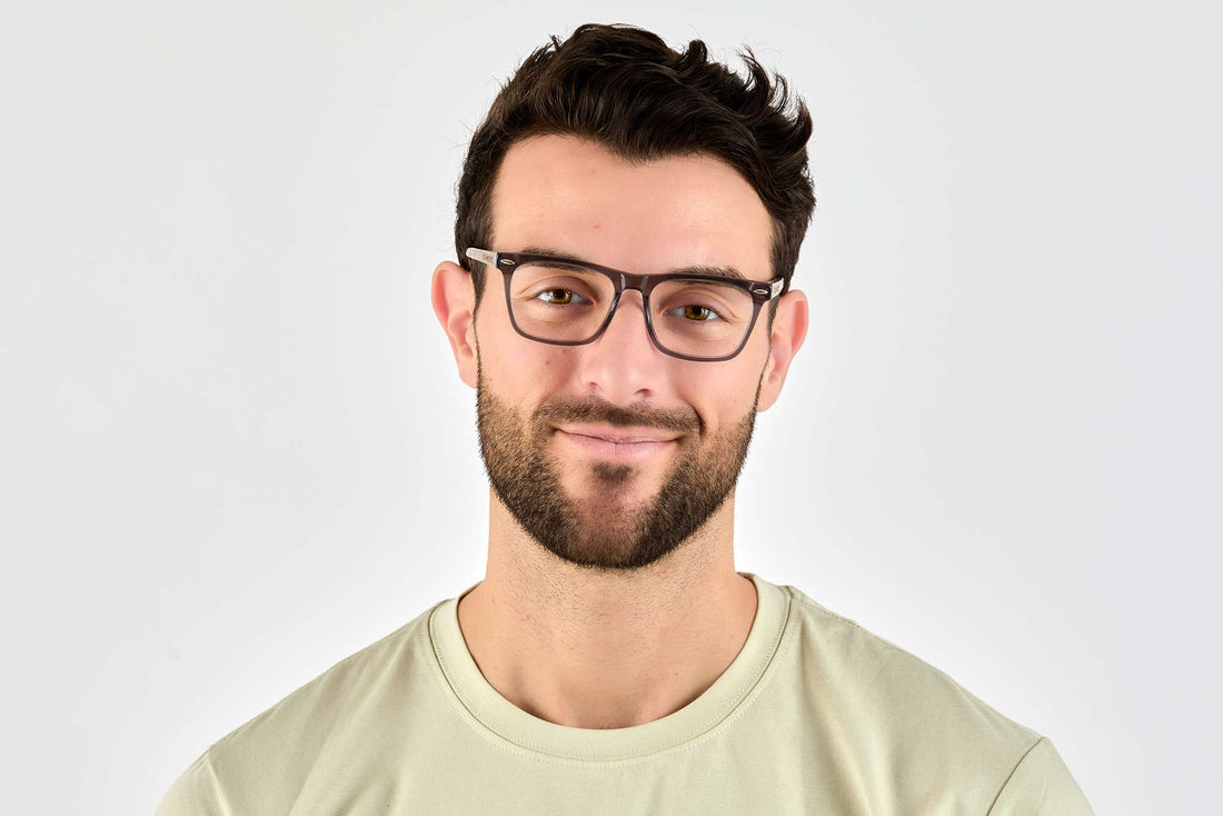 Man wearing Grace Grey, Square Grey Acetate Glasses