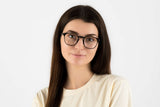 Woman wearing Dare Black, Retro Square Black Acetate Glasses