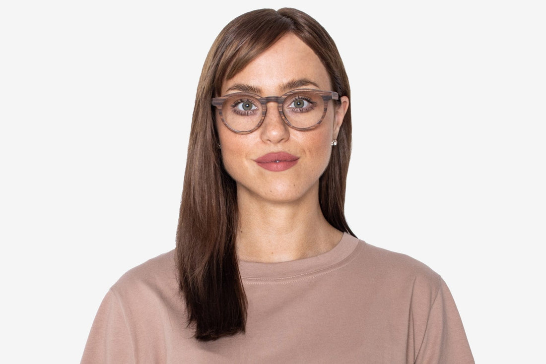 Woman wearing Cheer Rose - Retro Round Eyeglasses made from Rose Wood