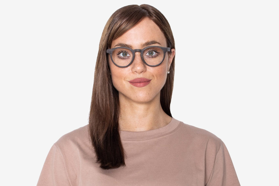 Woman wearing Cheer Black, Retro Round Oak Wood Glasses