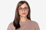 Woman wearing Charm Rose, Cat Eye Cherry Wood Glasses