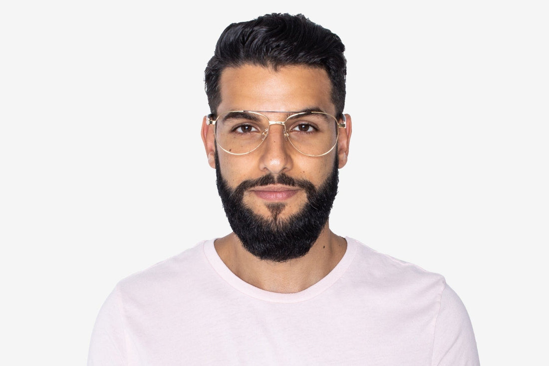 Man wearing Purpose Gold - Vintage Aviator Eyeglasses in Gold Metal