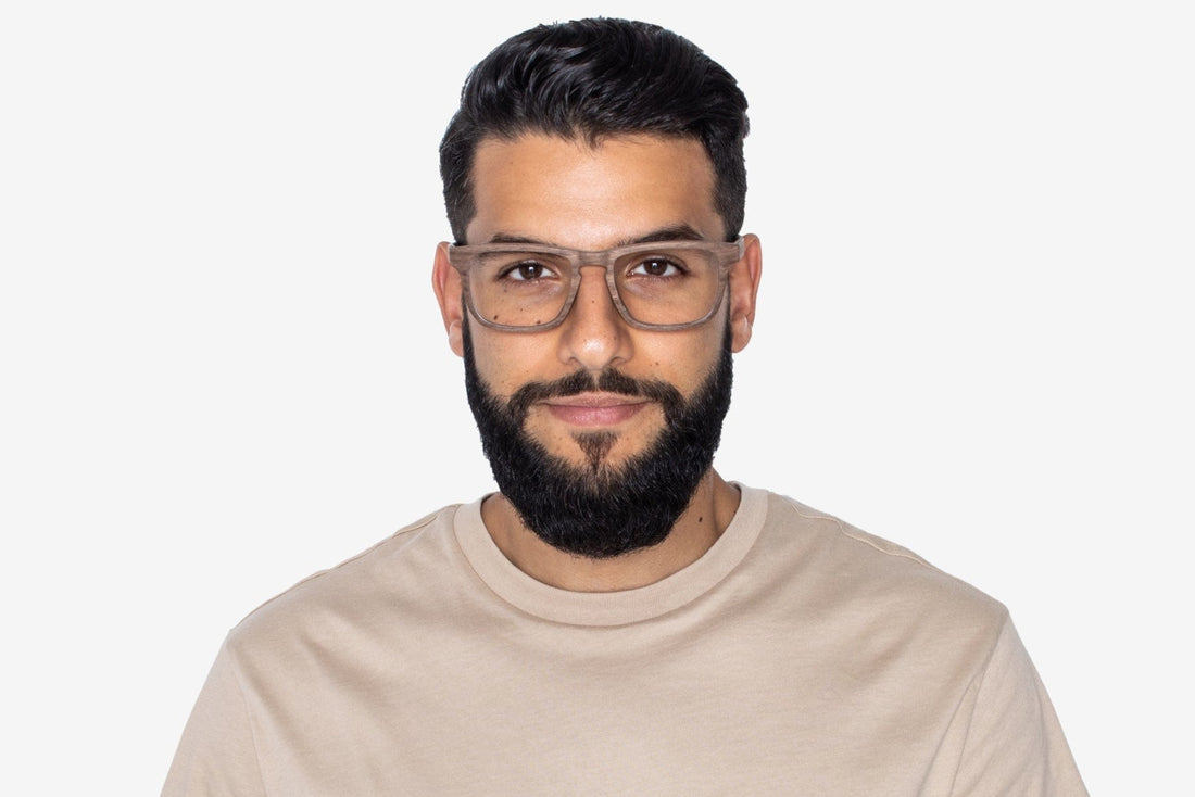 Man wearing Bold Brown, Rectangle Brown Oak Wood Glasses