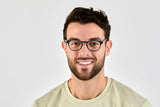 Man wearing Dash Navy, Retro Square Navy Blue Acetate Glasses