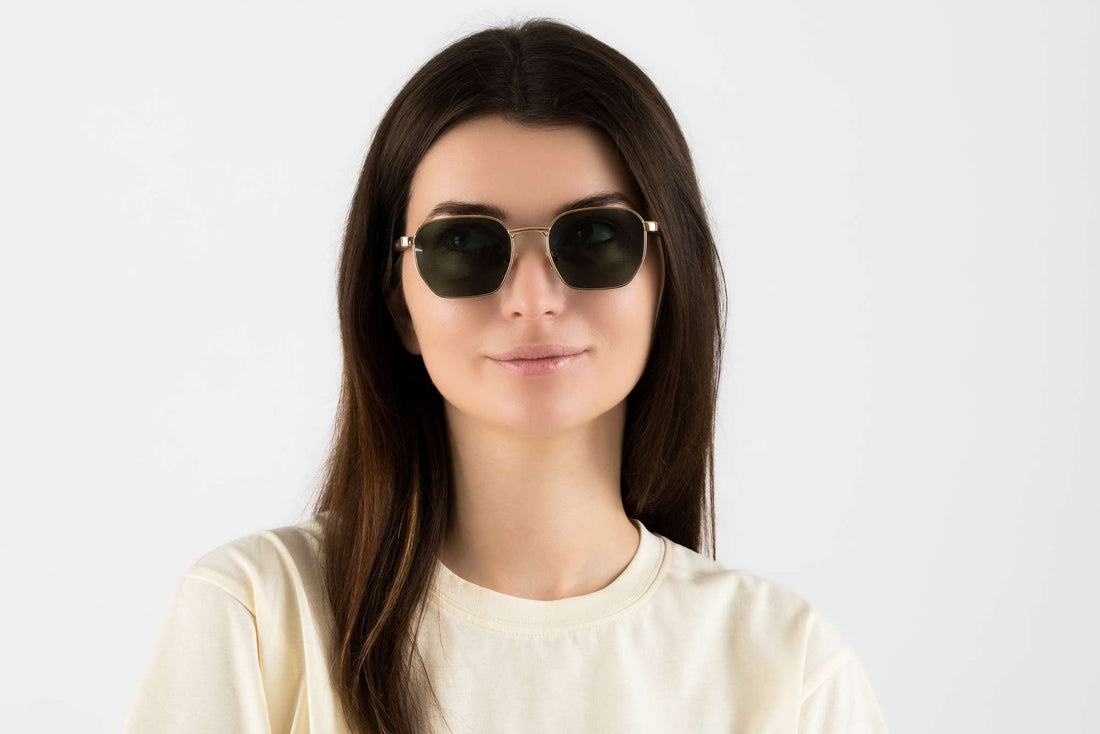 Woman wearing Arlo, Gold Retro-Square Sunglasses