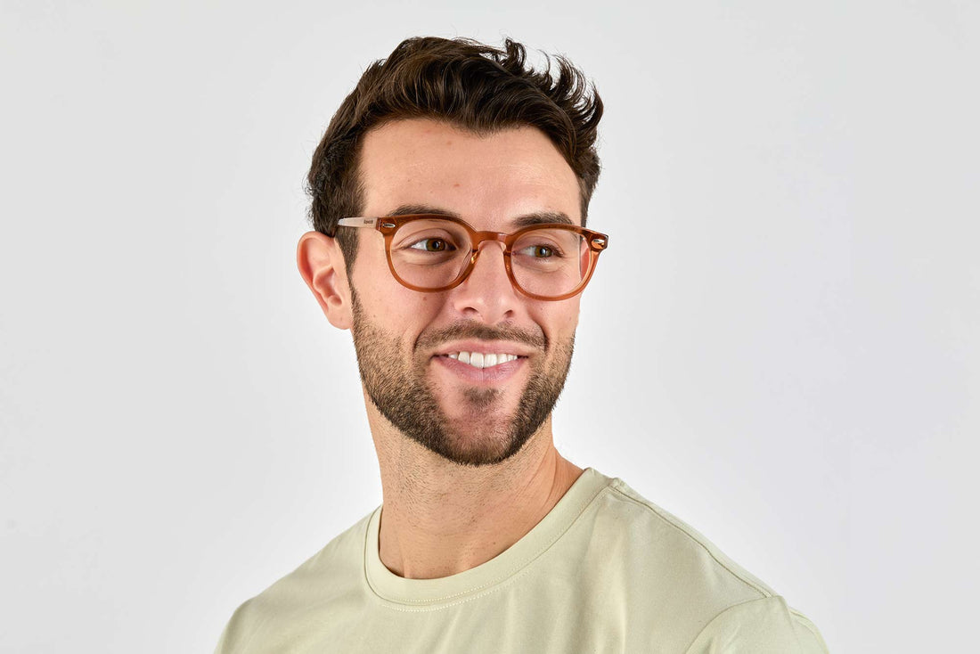 Man wearing Fierce Brown, Clear Brown Thick Frame Glasses