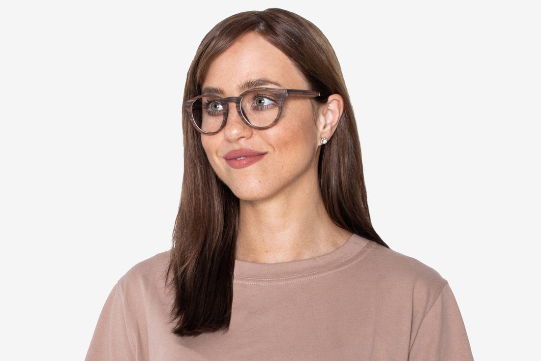 Woman wearing Cheer Rose - Retro Round Eyeglasses made from Rose Wood