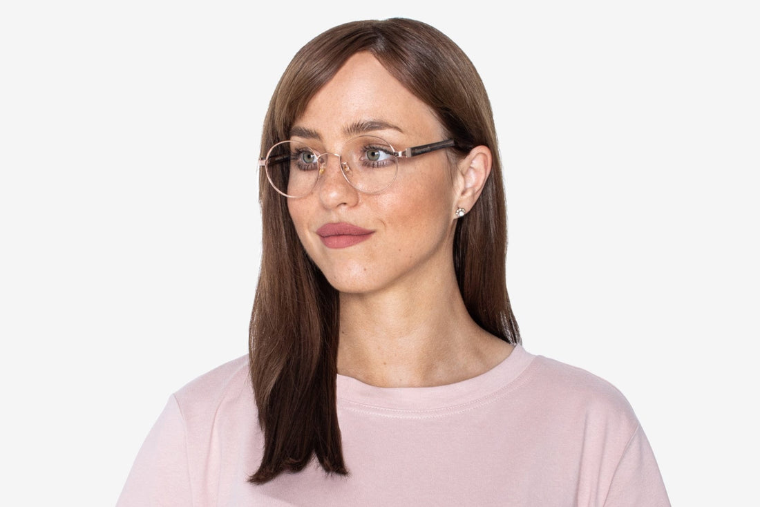 Woman wearing Joy Rose Gold, Rose Gold Metal Round Glasses