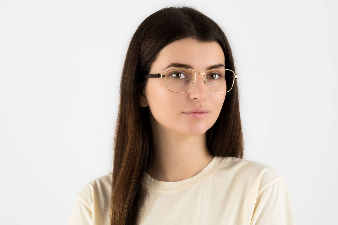 Woman wearing Fair Gold, Gold Metal Square Glasses