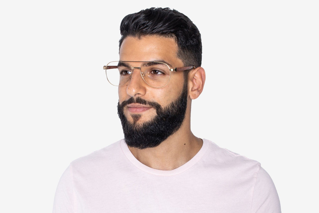 Man wearing Purpose Gold - Vintage Aviator Eyeglasses in Gold Metal