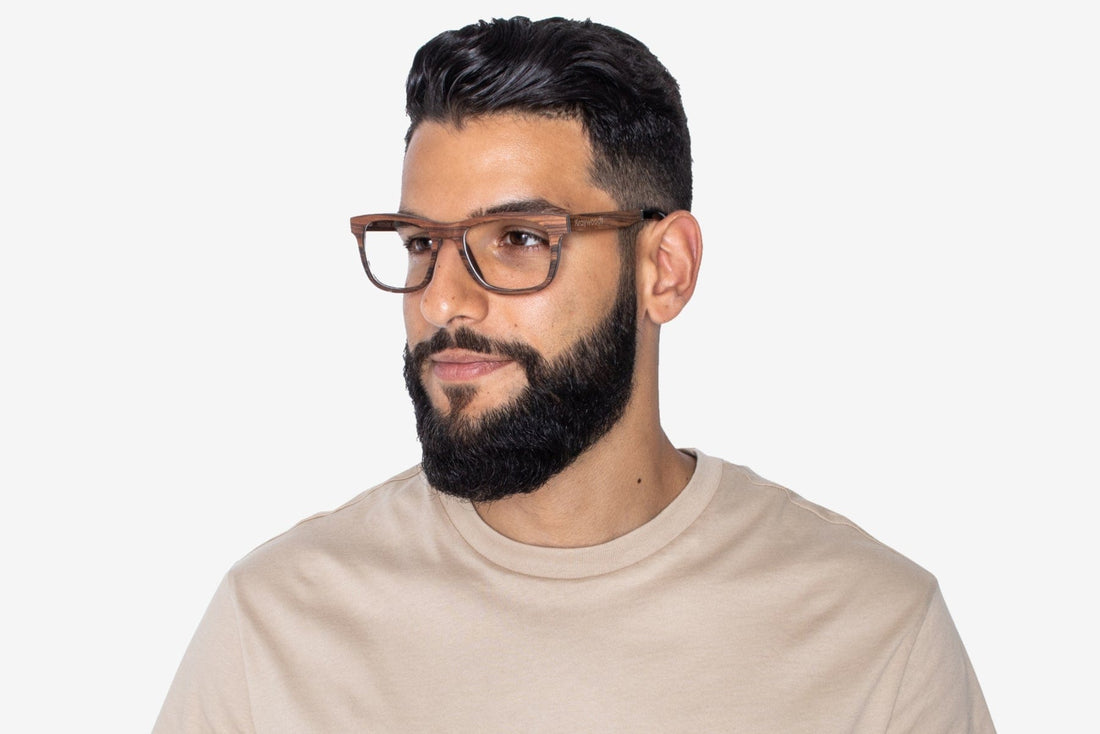 Man wearing Brave Rose, Square Rosewood Glasses