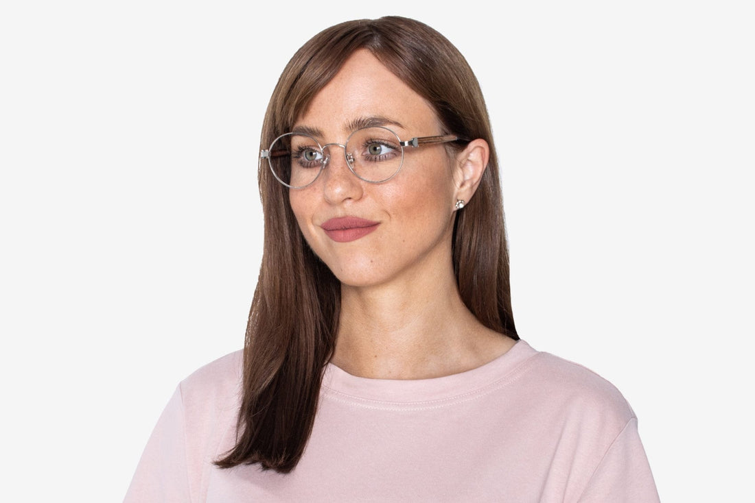 Woman wearing Joy Silver, Silver Metal Round Glasses