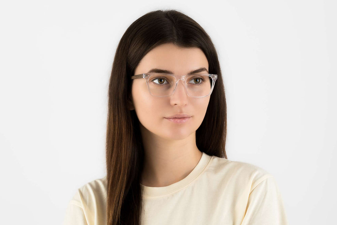 Woman wearing Grace Clear Eyeglasses