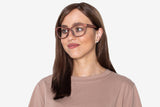 Woman wearing Charm Rose, Cat Eye Cherry Wood Glasses