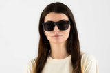 Woman wearing Grayson, Navy Square Sunglasses