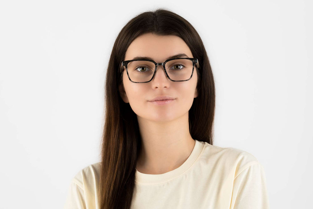 Woman wearing Trust Grey, Grey Acetate Square Glasses