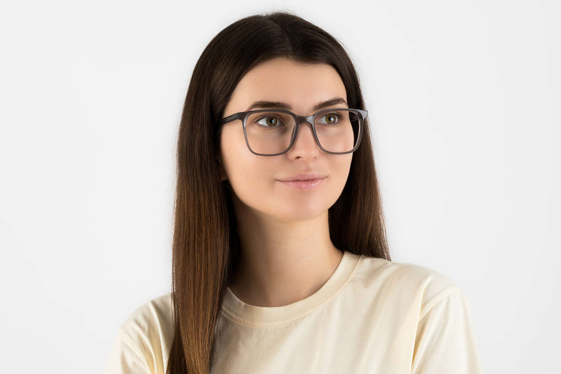 Woman wearing Marvel Grey, Oversized Square Grey Acetate Glasses