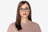 Woman wearing Brave Brown, Square Walnut Wood Glasses