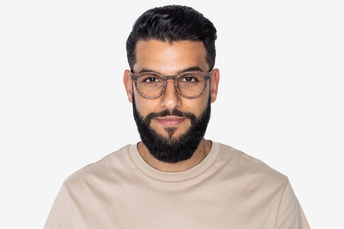 Man wearing Cheer Rose - Retro Round Eyeglasses made from Rose Wood