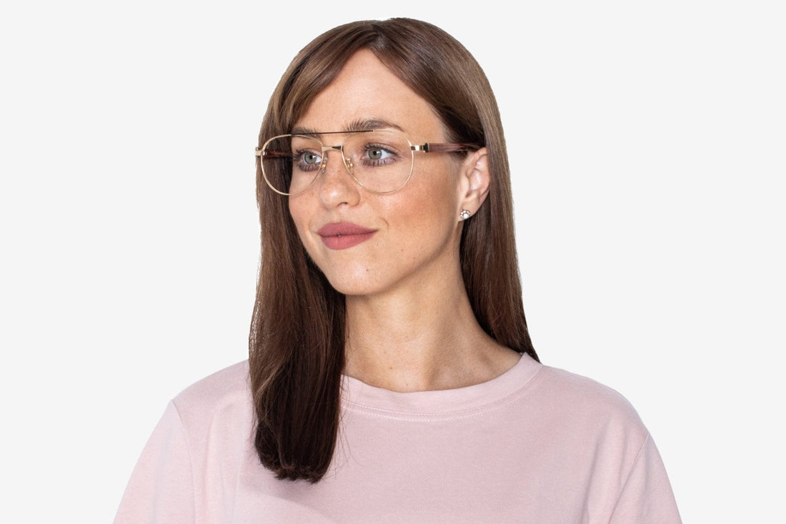 Woman wearing Purpose Gold - Vintage Aviator Eyeglasses in Gold Metal