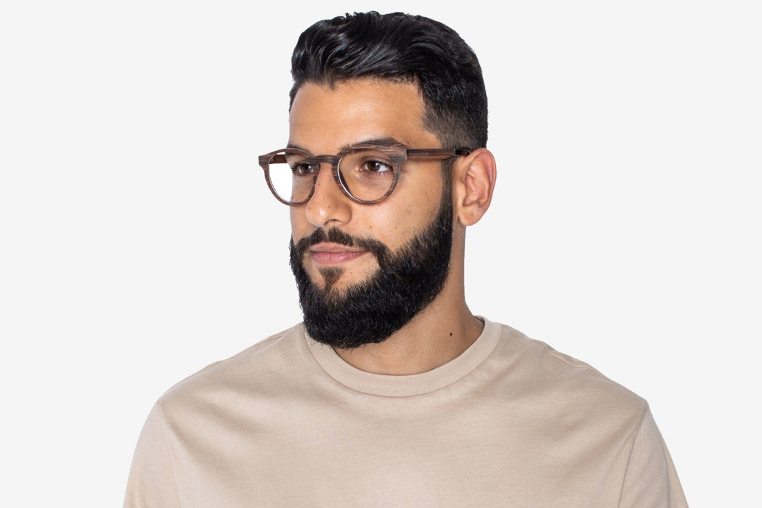 Man wearing Cheer Rose - Retro Round Eyeglasses made from Rose Wood