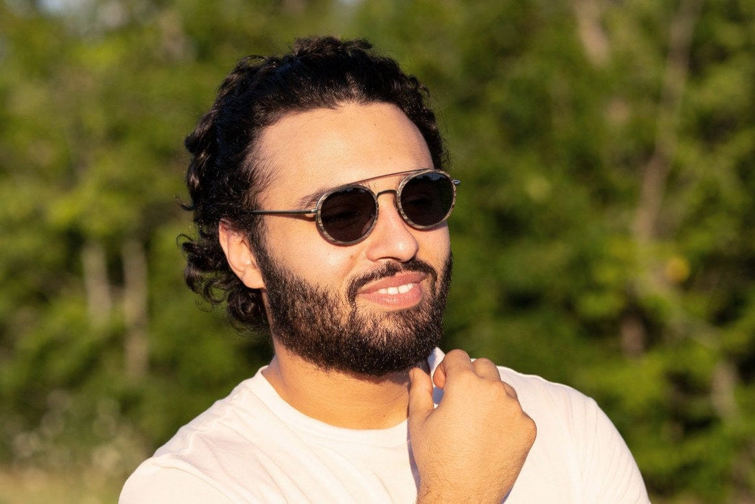 Man wearing Aspen Silver, Round Double Bridge Sunglasses