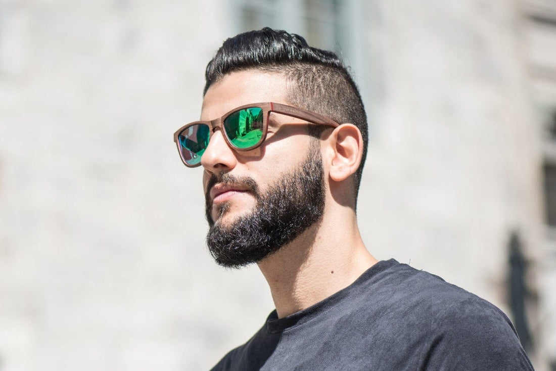 Man wearing Racer, Wood Polarized Green Mirror Sunglasses